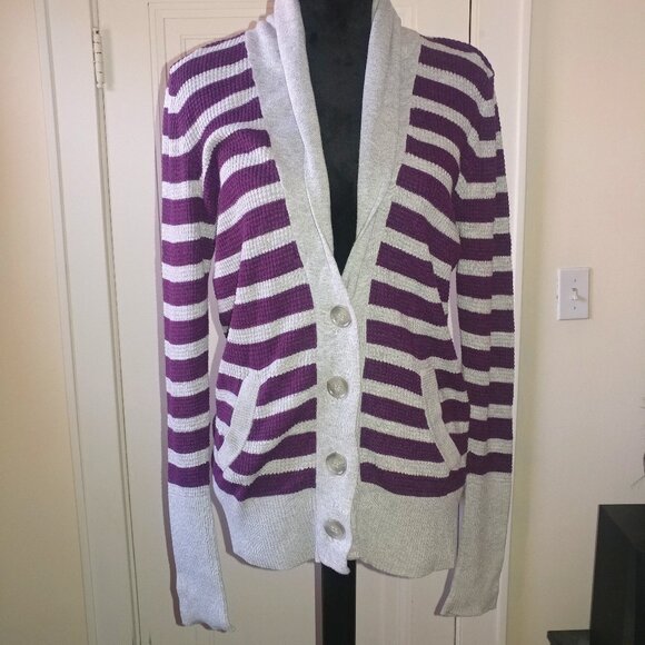 American Eagle: Purple & Grey Striped Waffle Knit Long Cardigan Sweater: Size L - Picture 1 of 9